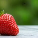 single-fresh-red-strawberry-on-table-green-background-food-fruit-sweet-macro-juicy-plant-image-photo